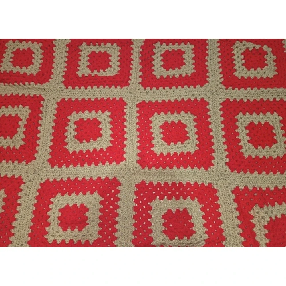 Handmade Crochet Granny Square Afghan Blanket Red Tan Throw 60